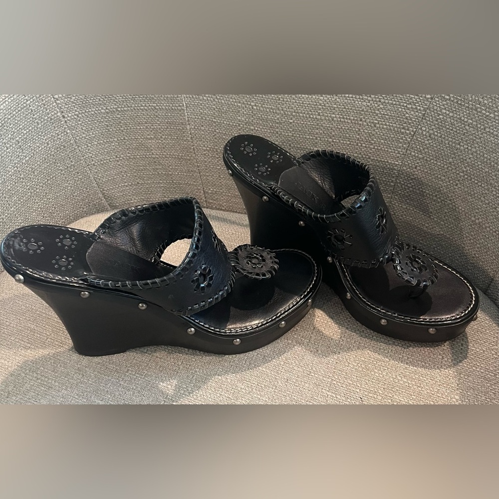 Jack Rogers Black Leather Classic Wood Wedge Platform Heel Stud Sandal Size 6.5